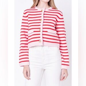 English Factory Pink and Red Striped Cardigan with Gold Buttons